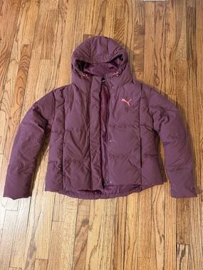 Puma Maroon Hooded Puffer Jacket with Pink Logo